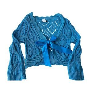 VTG Y2K American Attitudes sweater sz Med cropped flare sleeve crochet wrap blue